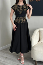 Embroidered Cap Sleeve Midi Dress