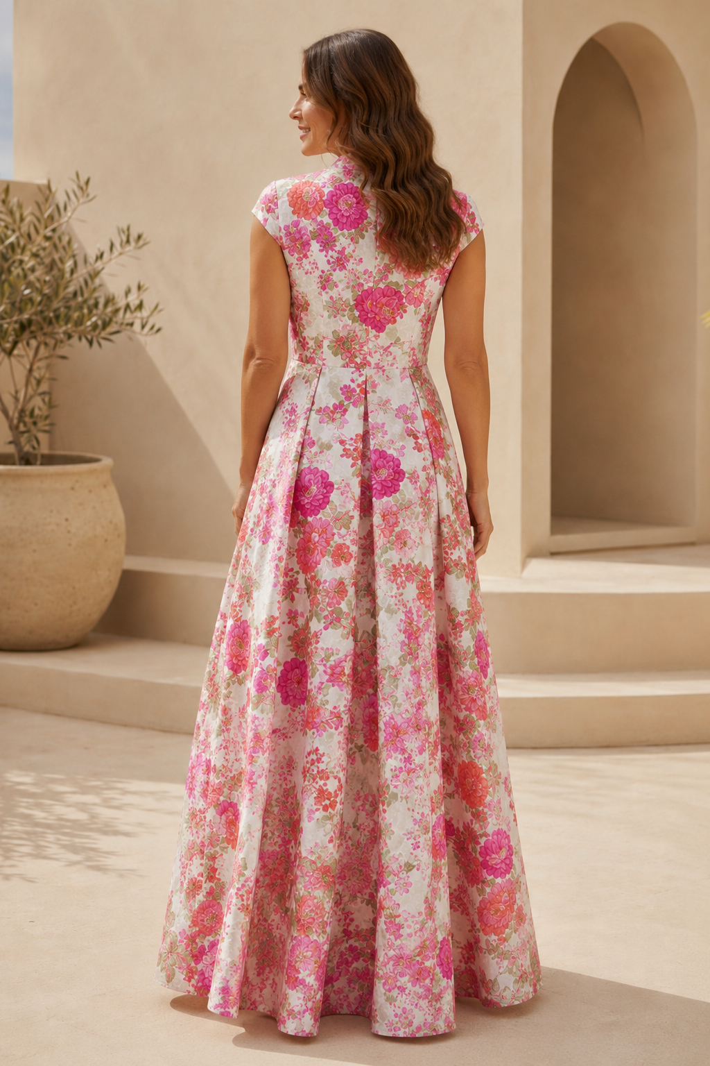 Cap Sleeve Floral Print Pleated Maxi Dress