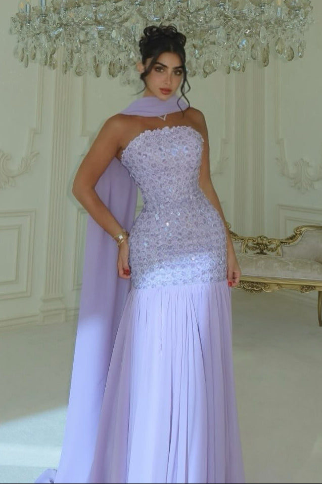 Strapless Embellished Mermaid Gown with Scarf