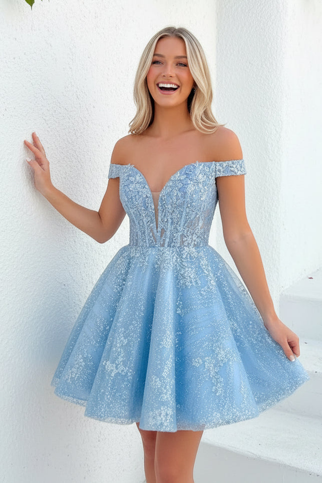 Glitter Off-the-Shoulder Corset Homecoming Dress