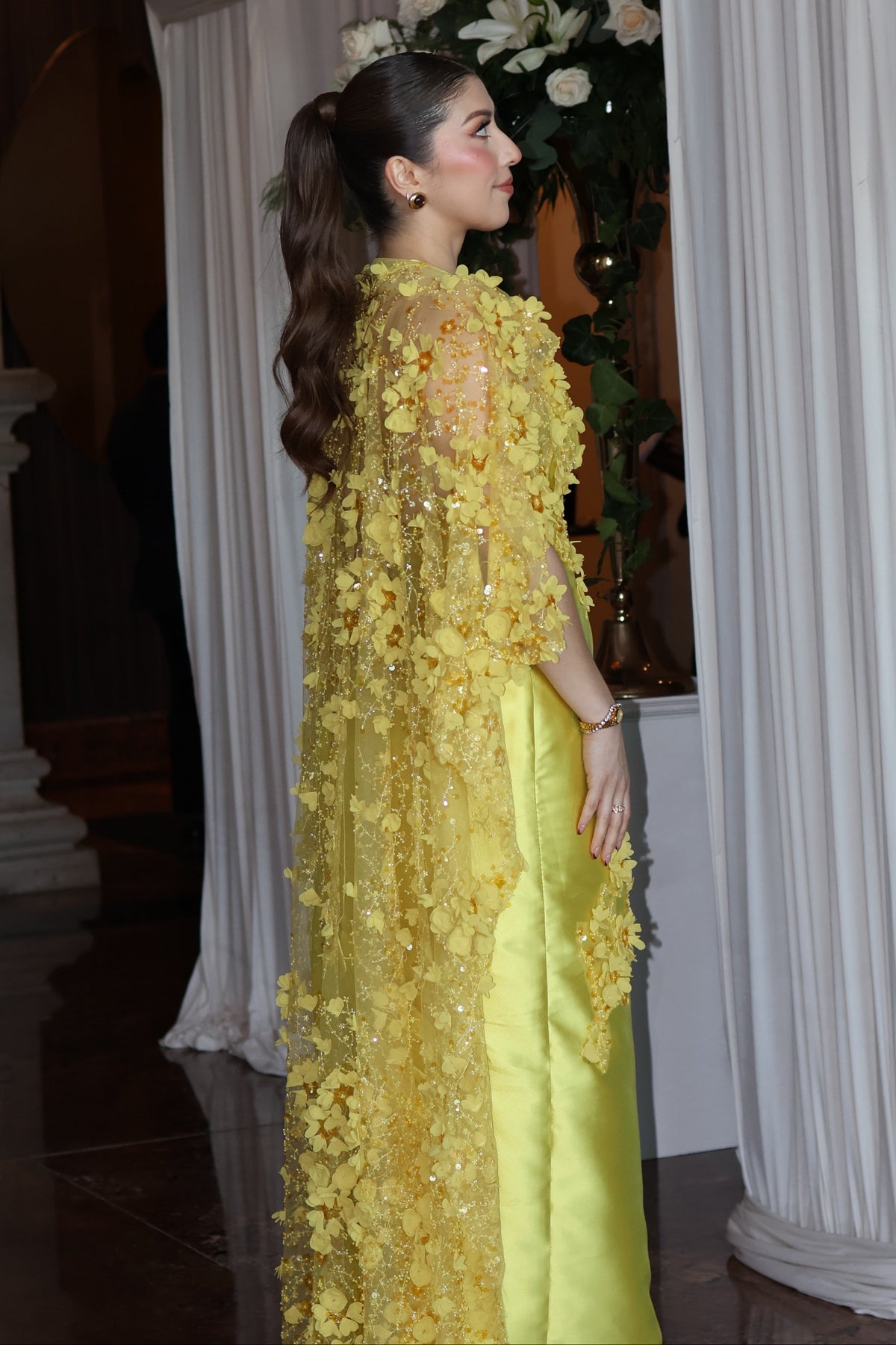 Satin Evening Gown with 3D Floral Cape