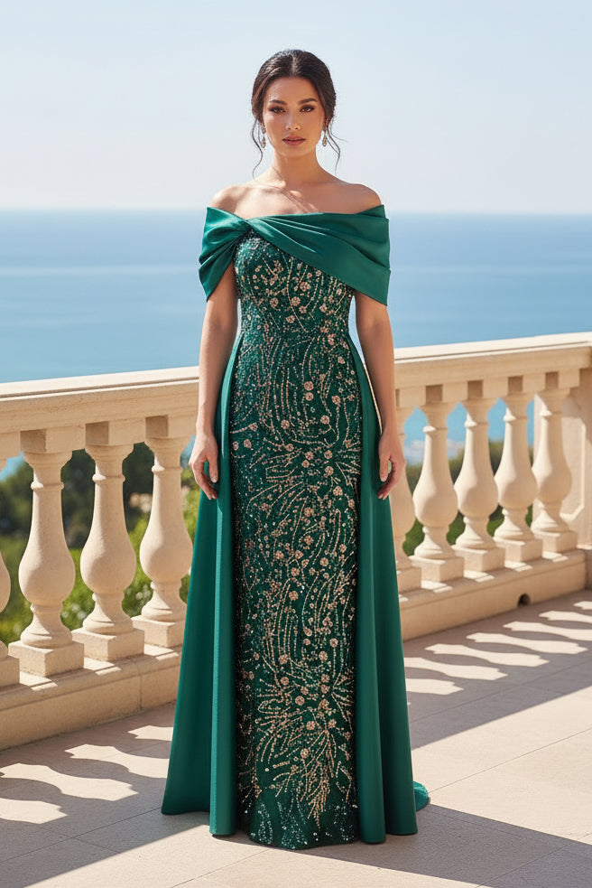 Off-the-Shoulder Sequin Gown with Draped Satin Skirt