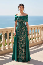 Off-the-Shoulder Sequin Gown with Draped Satin Skirt