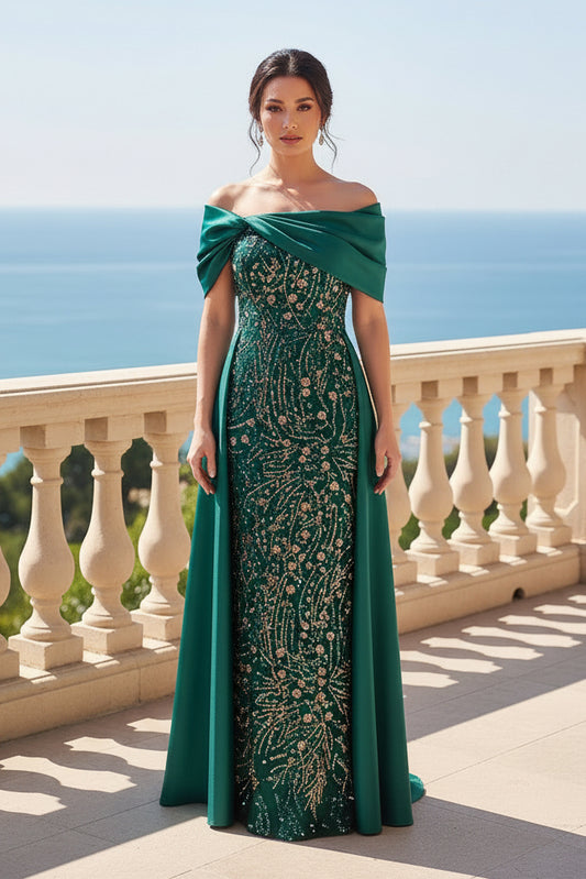 Off-the-Shoulder Sequin Gown with Draped Satin Skirt