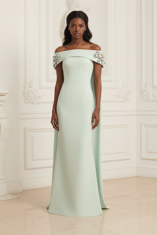 Floral Embellished Cape Off-the-Shoulder Gown