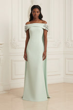 Floral Embellished Cape Off-the-Shoulder Gown