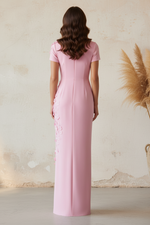 Elegant Pink Short Sleeve Sheath Evening Dress with 3D Floral Appliques