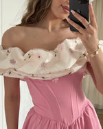 Off-the-Shoulder Corset Midi Dress with Floral Ruffle