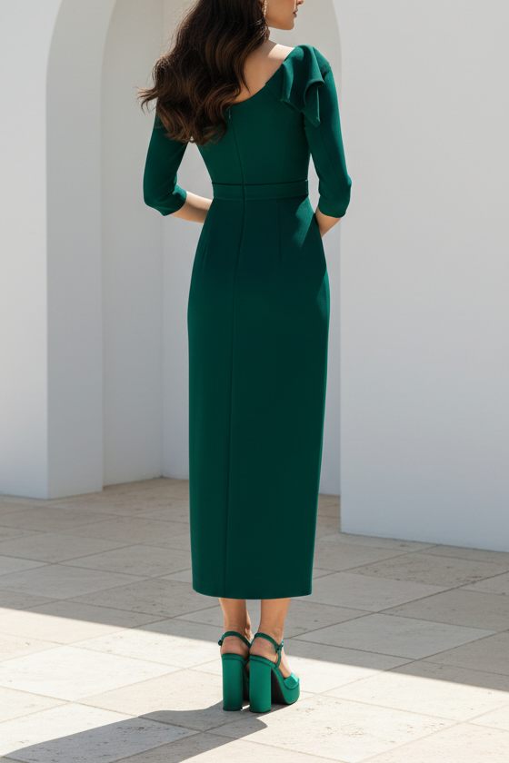 Asymmetrical Ruffle Crepe Sheath Dress with 3/4 Sleeves