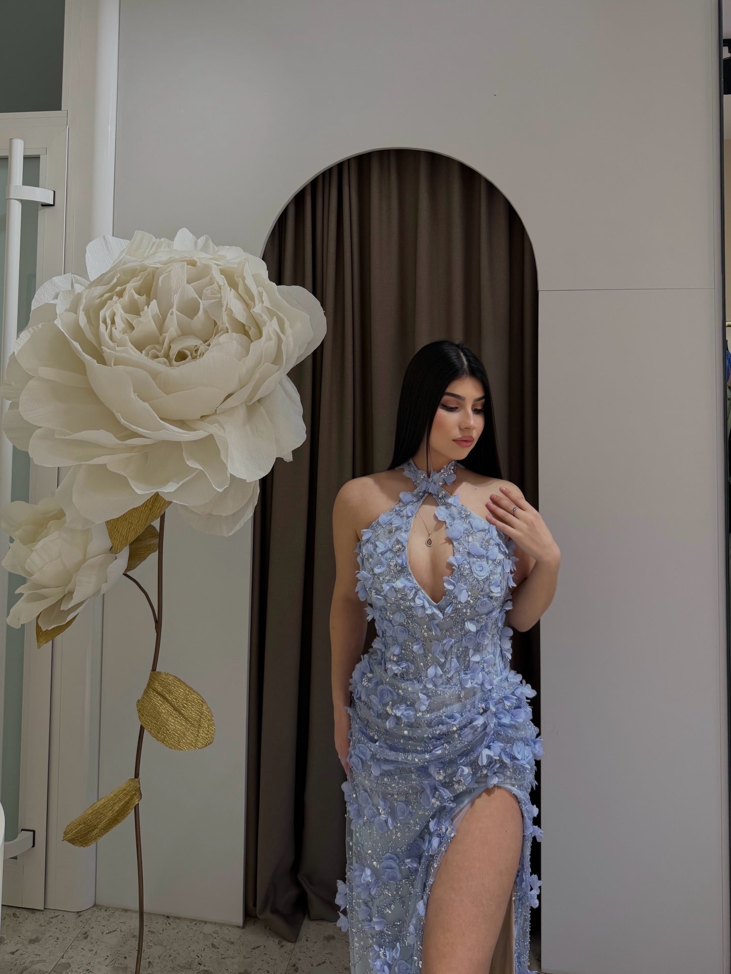 3D Floral Halter Evening Gown with High Slit