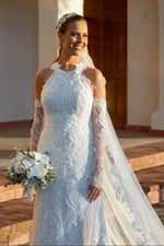 Halter Lace Mermaid Wedding Dress with Sleeves