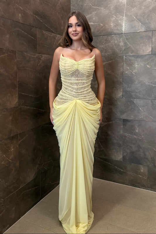 Strapless Lace Corset Draped Evening Gown