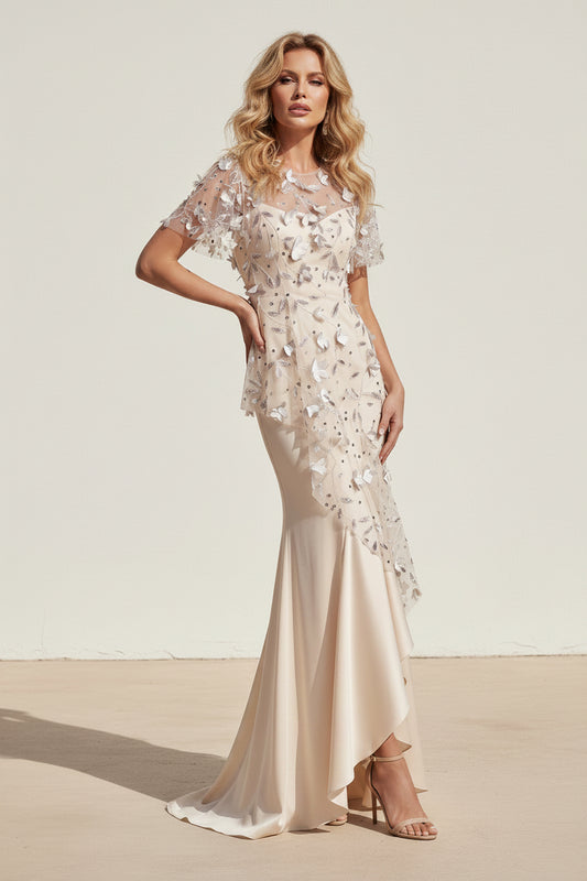 Asymmetrical 3D Floral Applique Satin Mermaid Dress
