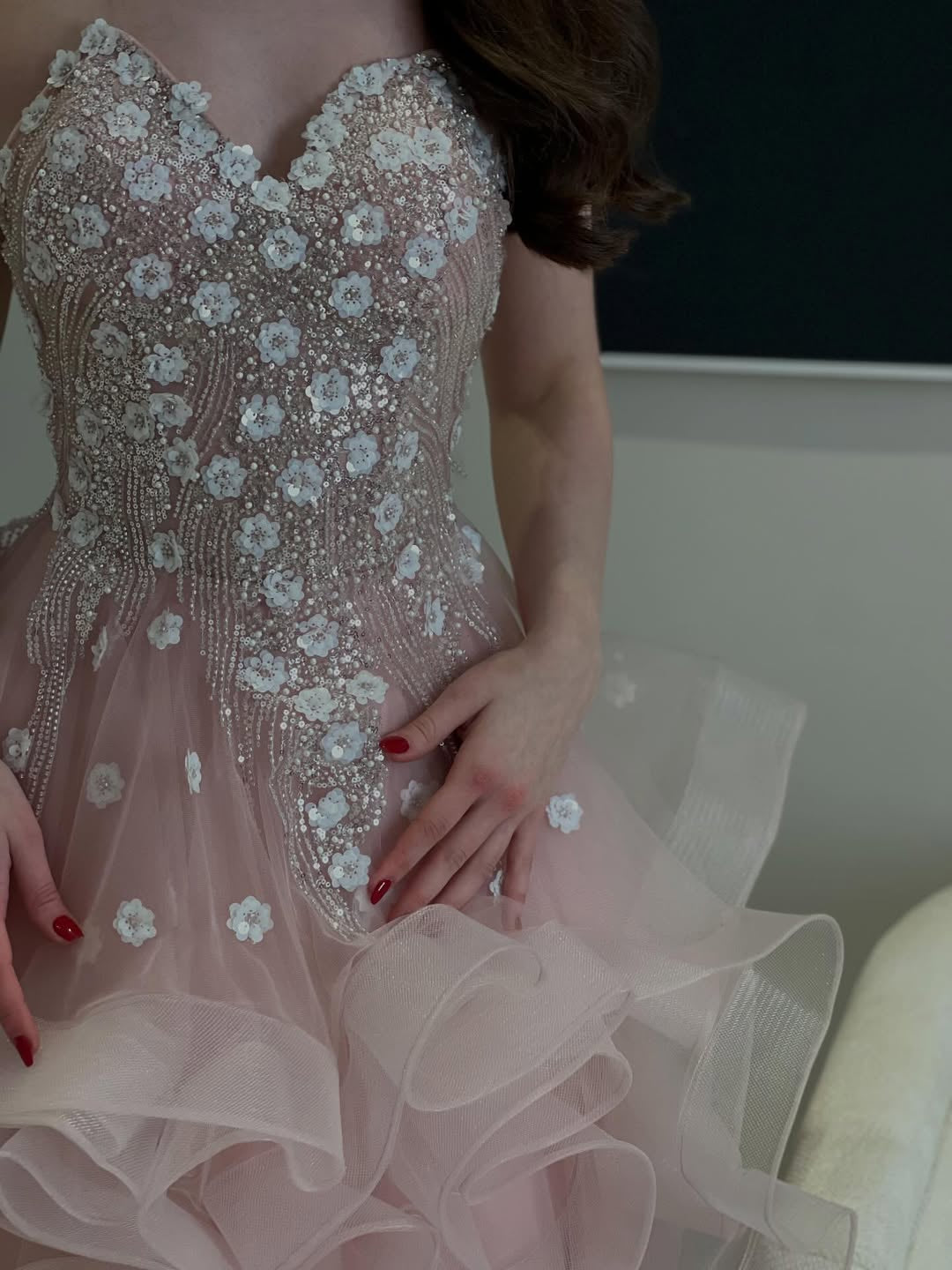 Strapless Ruffle Ball Gown with Floral Beading