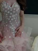 Strapless Ruffle Ball Gown with Floral Beading
