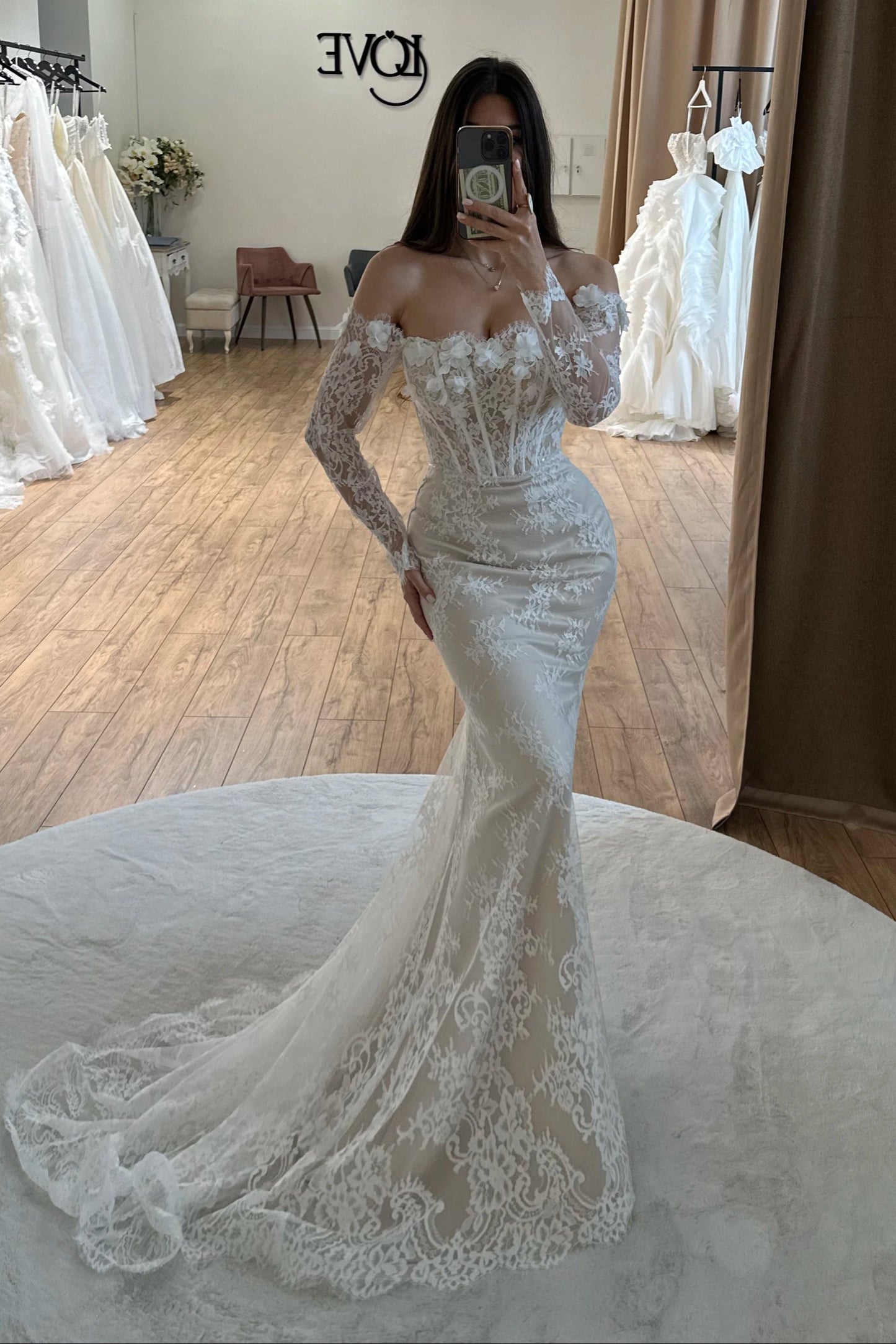 Off-the-Shoulder Lace Mermaid Wedding Dress with Corset