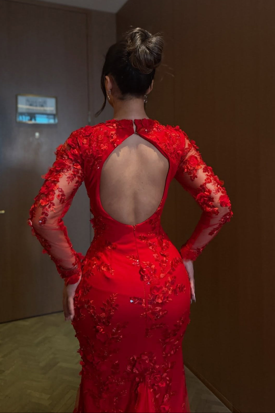 Floral Lace Applique Long Sleeve Mermaid Evening Gown