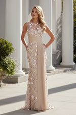 Asymmetrical Pleated Column Gown with 3D Flowers
