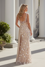 Asymmetrical Pleated Column Gown with 3D Flowers