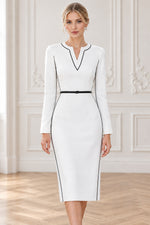 Long Sleeve Notch Neck Sheath Midi Dress with Belt