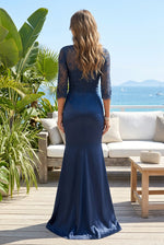 Lace Bodice 3/4 Sleeve Ruched Satin Gown