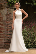 Halter Neck Backless Crepe Wedding Dress with 3D Flower
