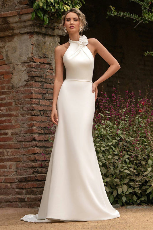 Halter Neck Backless Crepe Wedding Dress with 3D Flower