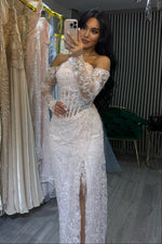 Off-the-Shoulder Lace Evening Gown with Slit