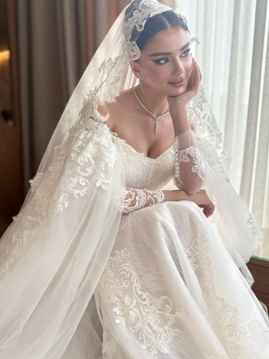 Lace Applique Off-the-Shoulder Cape Wedding Dress