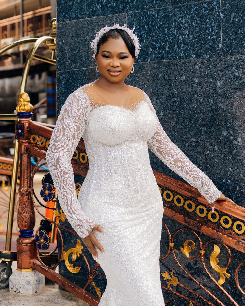 Long Sleeve Illusion Mermaid Sequin Wedding Gown