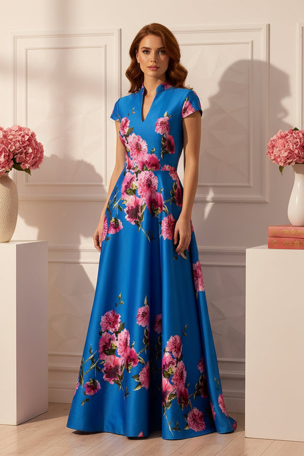 Floral Satin A-Line Gown with High Neck