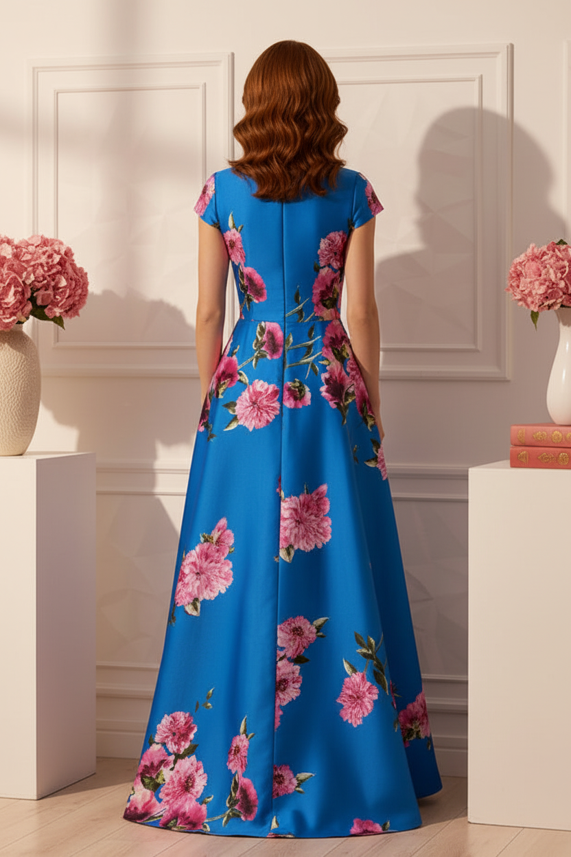Floral Satin A-Line Gown with High Neck