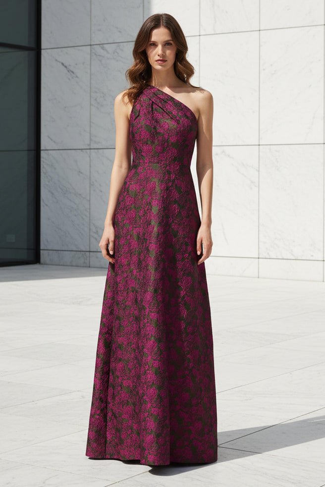 One-Shoulder Pleated Jacquard A-Line Gown