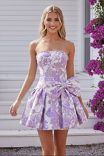 Strapless Floral Jacquard Mini Dress with Bow