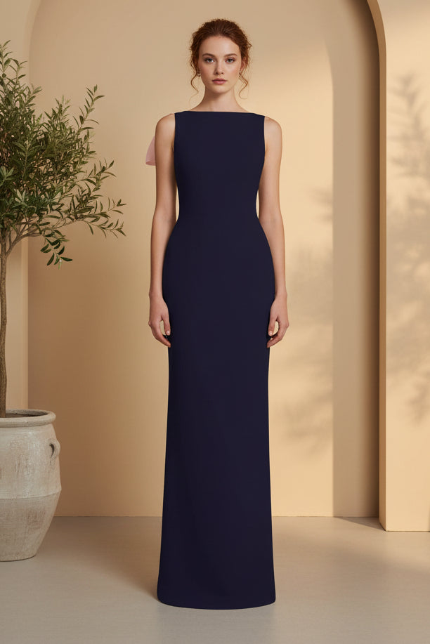 Bateau Neck Column Gown with Dramatic Back Cape