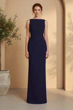 Bateau Neck Column Gown with Dramatic Back Cape
