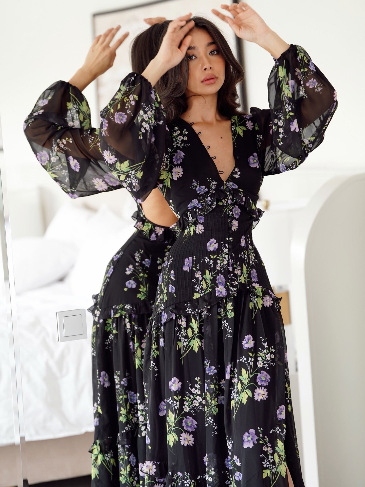 Floral Chiffon Long Sleeve Maxi Dress with Slit