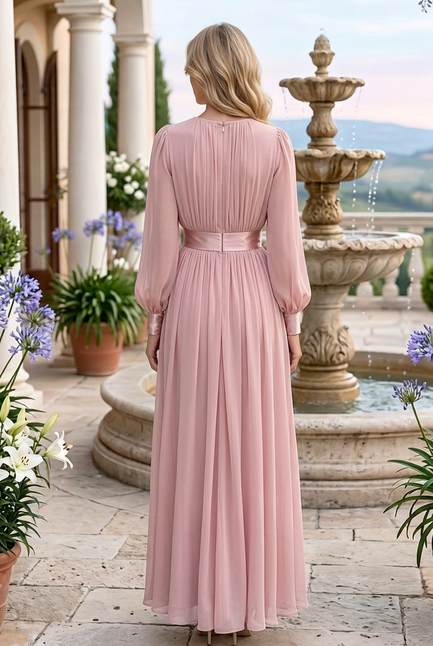 Pleated Chiffon Maxi Dress with Bishop Sleeves