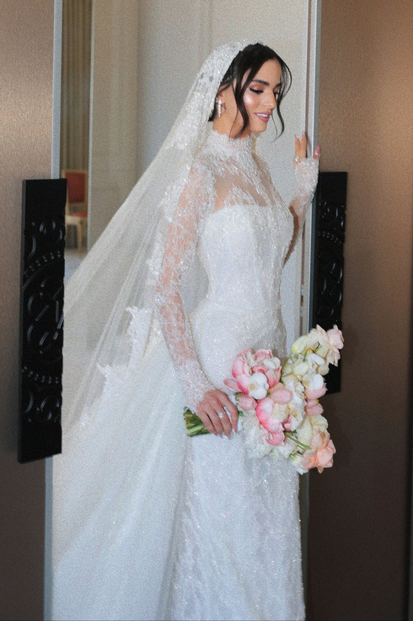 High Neck Illusion Lace Long Sleeve Wedding Dress