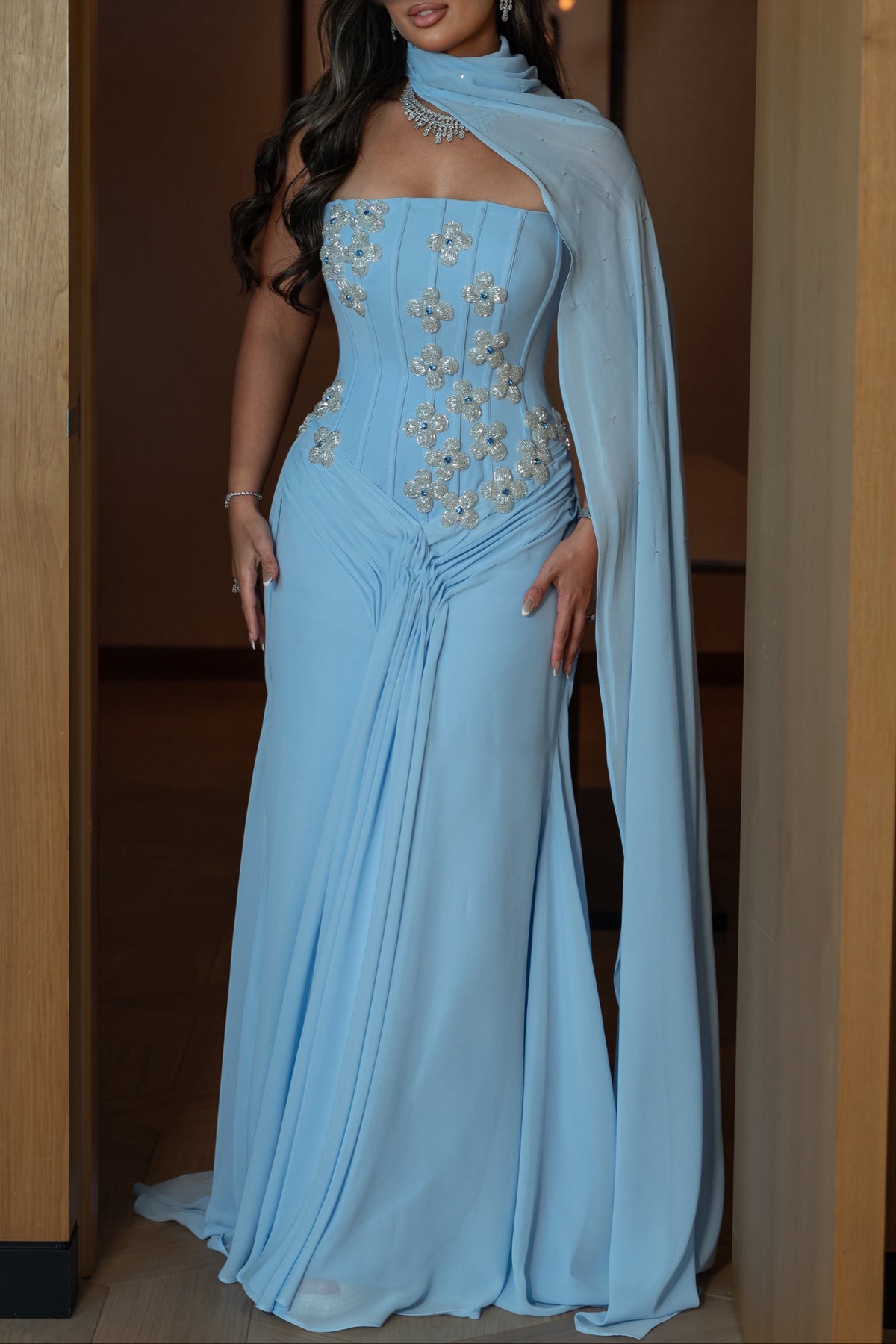 Embellished Corset Gown with Scarf