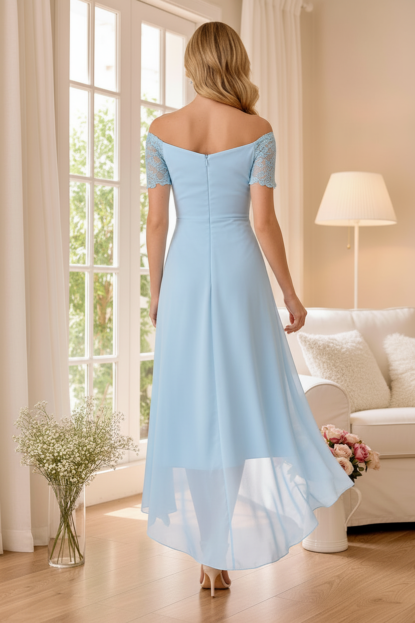 Off-Shoulder Lace Sleeve High-Low Chiffon Evening Dress