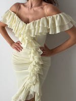 Off-the-Shoulder Ruched Ruffle Maxi Dress