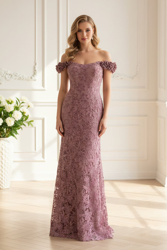 Off-the-Shoulder Floral Lace Evening Gown