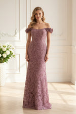 Off-the-Shoulder Floral Lace Evening Gown