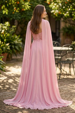 Strapless Chiffon A-Line Gown with Slit and Cape