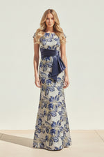 Floral Jacquard Gown with Satin Sash & Cap Sleeves