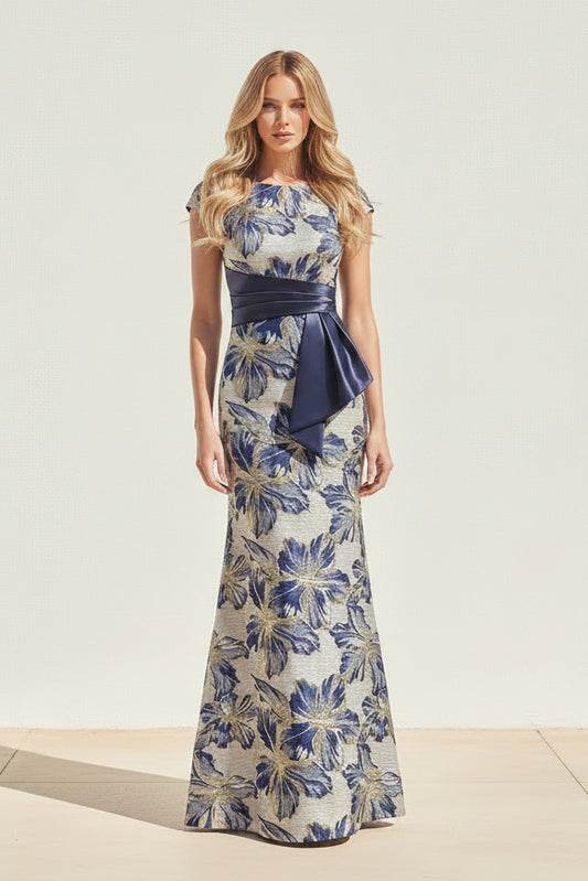 Floral Jacquard Gown with Satin Sash & Cap Sleeves
