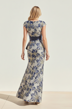 Floral Jacquard Gown with Satin Sash & Cap Sleeves