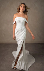 Off-Shoulder Draped Mermaid Wedding Gown with Slit
