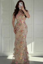 Strapless Floral Embroidered Mermaid Evening Gown